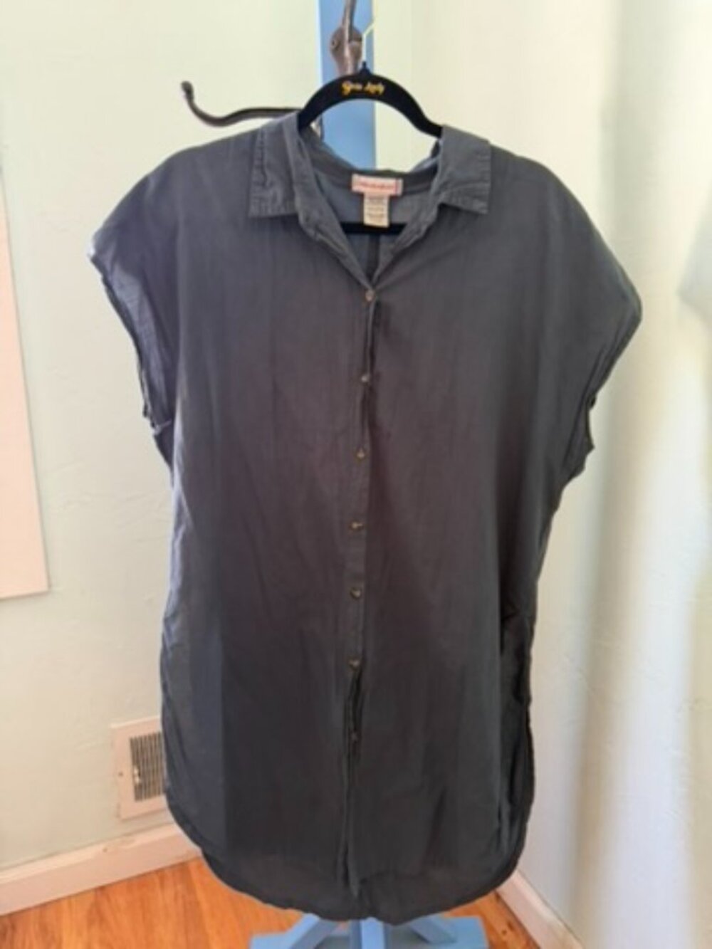 Charcoal Gray Cap Sleeve Button Front Shirt Dress Tunic Lightweight
